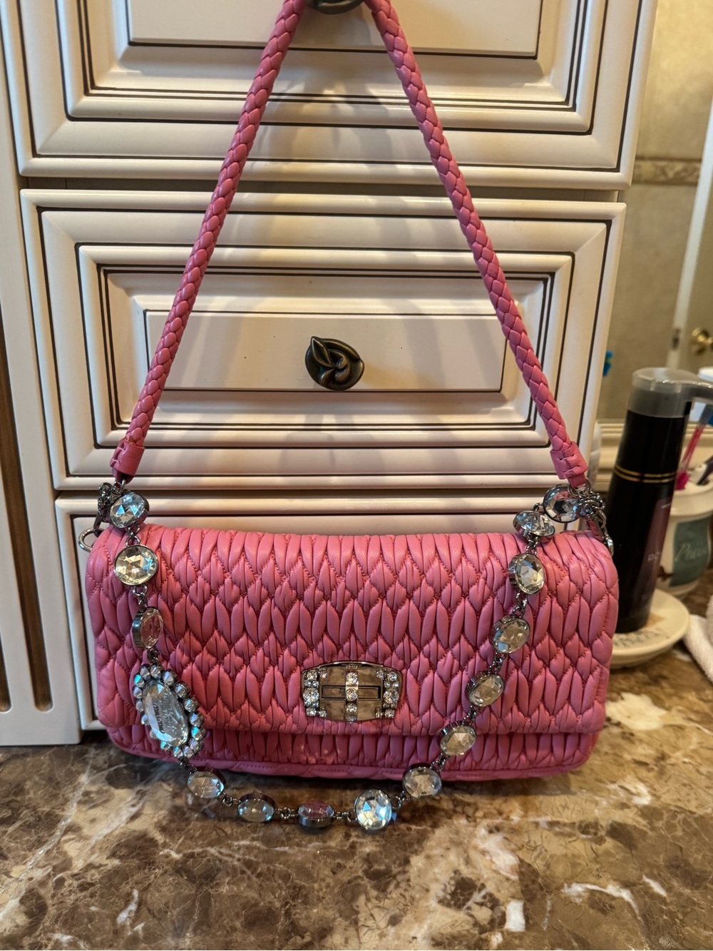 Miu Miu Pink Quilted Shoulder Bag with Crystal Chain Detail